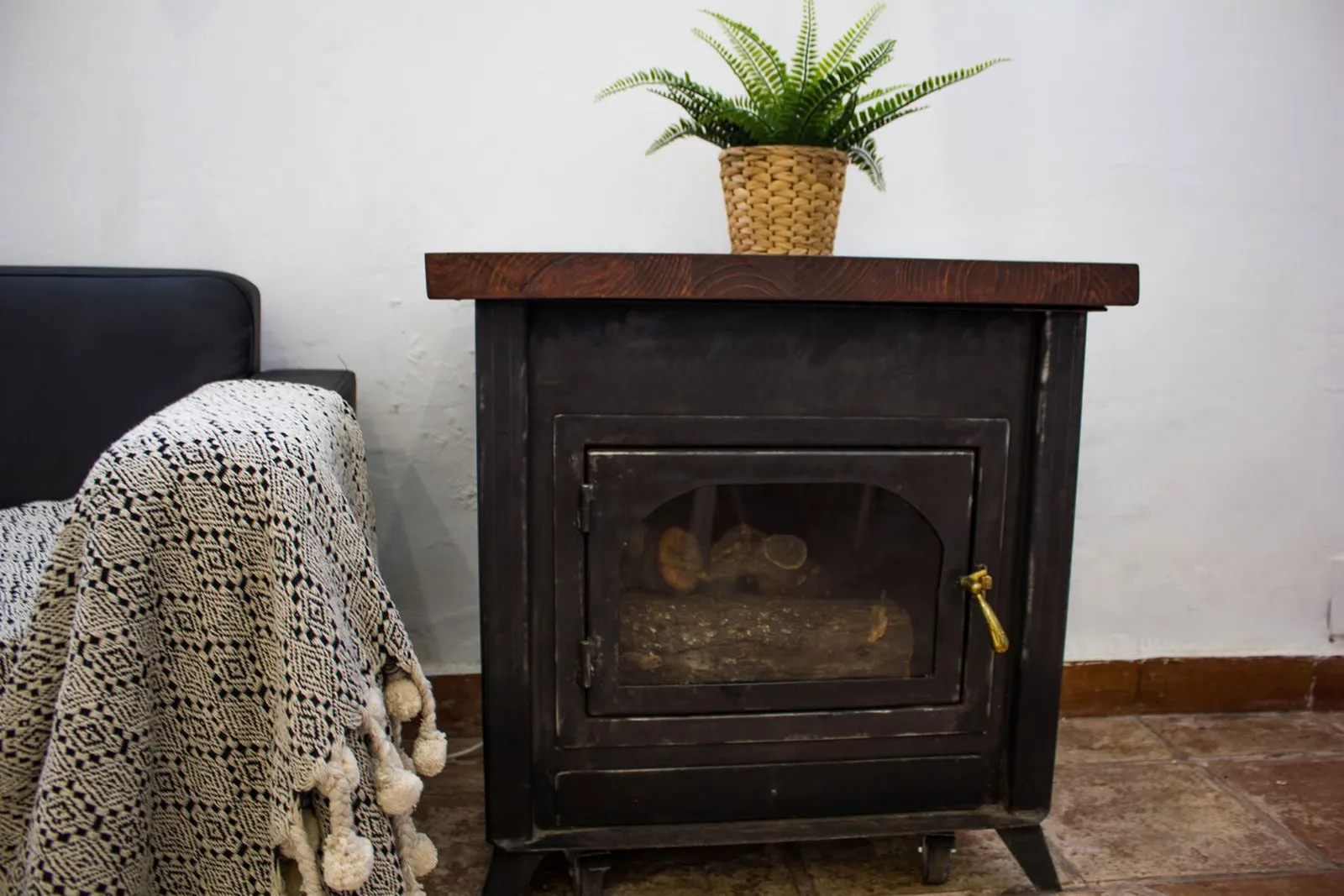 Cast-iron stove in the living room with a plant on top