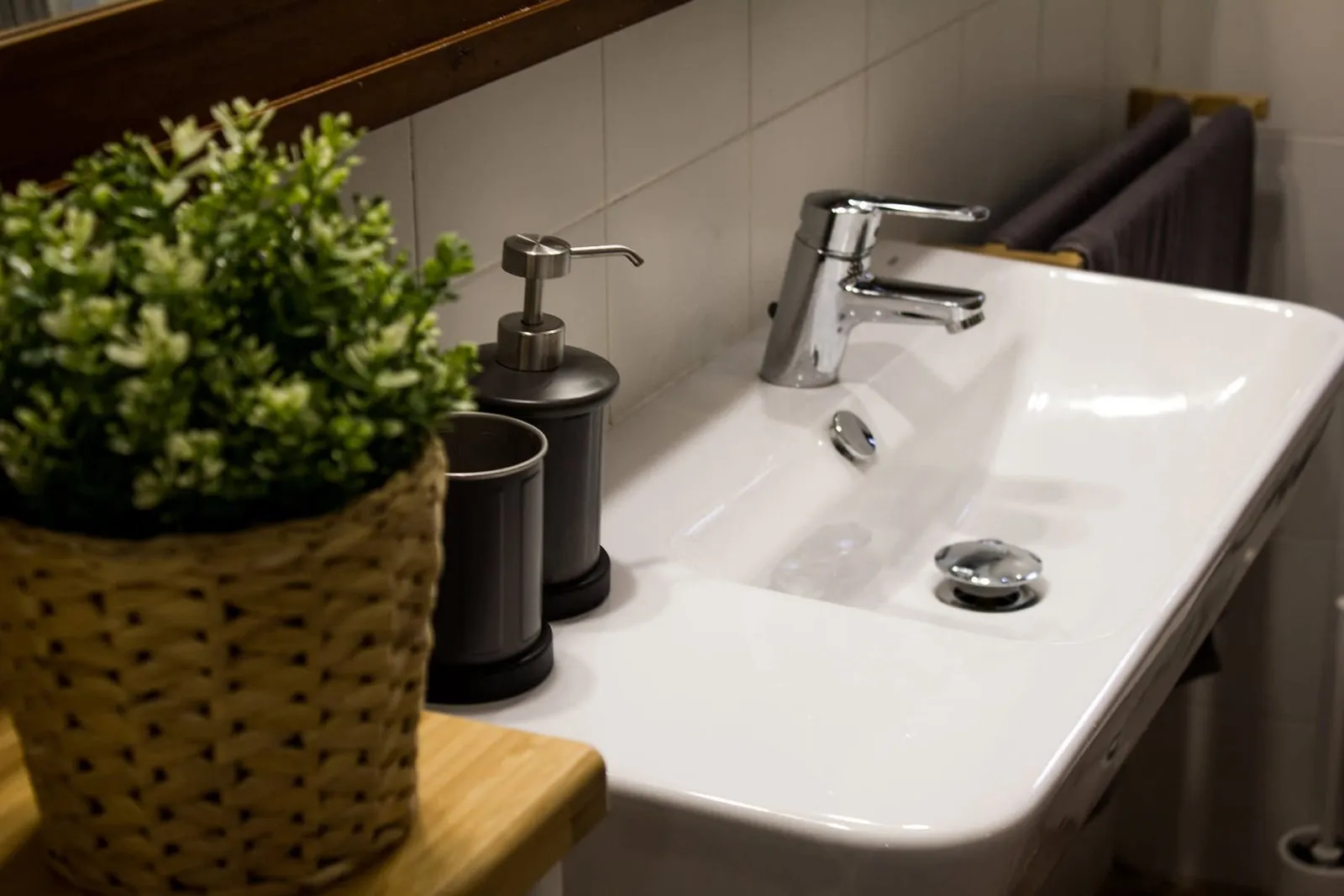 Bathroom washbasin with plants and a wooden-framed mirror