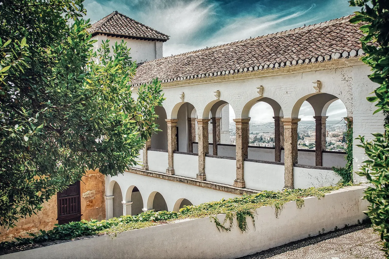 Courtyard of the Generalife with its arches and gardens