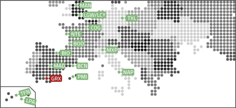 Map of the destinations with direct flights from Granada airport